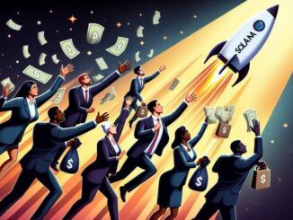 Illustration of businessmen eagerly investing in Solana cryptocurrency as it dramatically rises